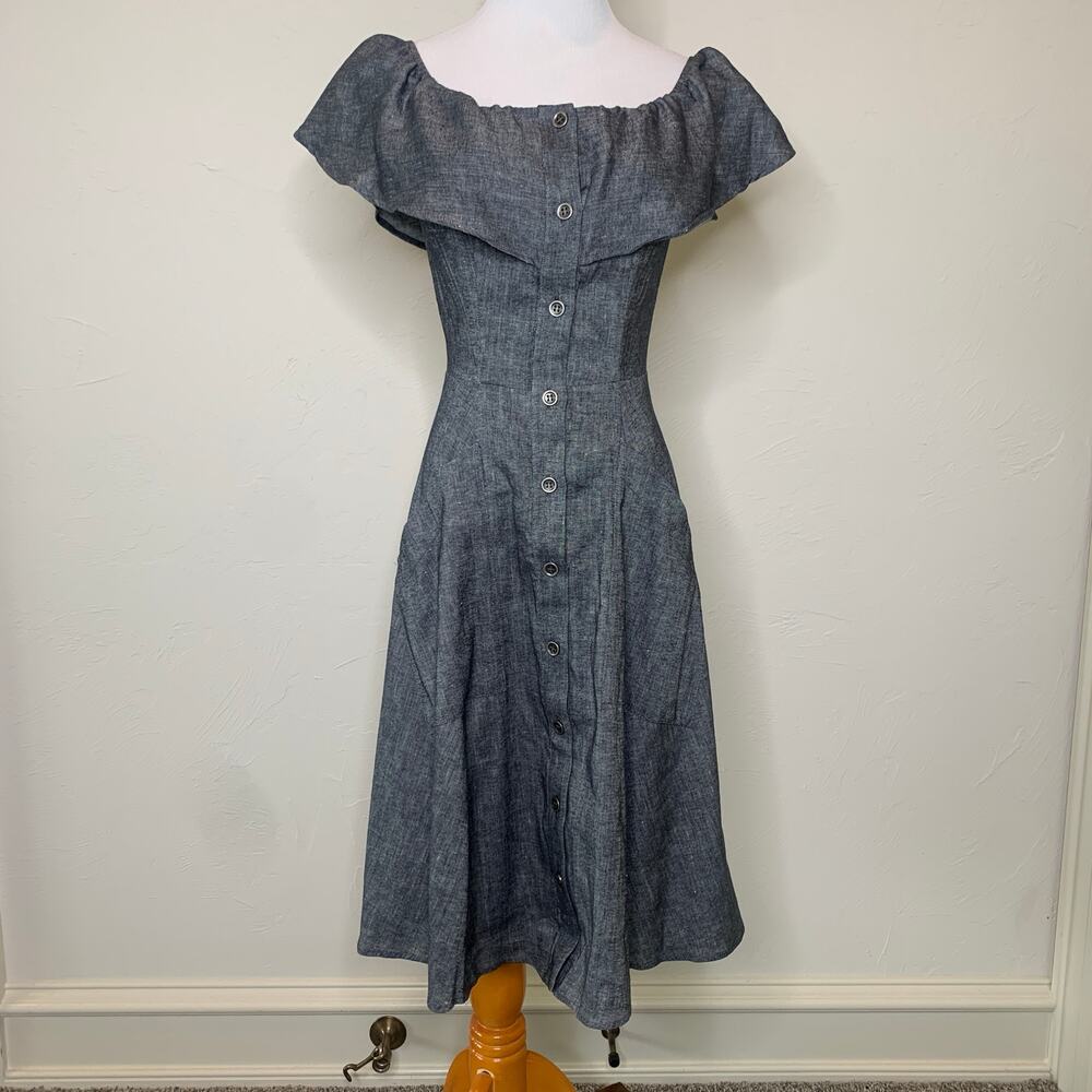 Alton Gray Denim Button Front A Line Dress Sz  0 Preppy Y2K